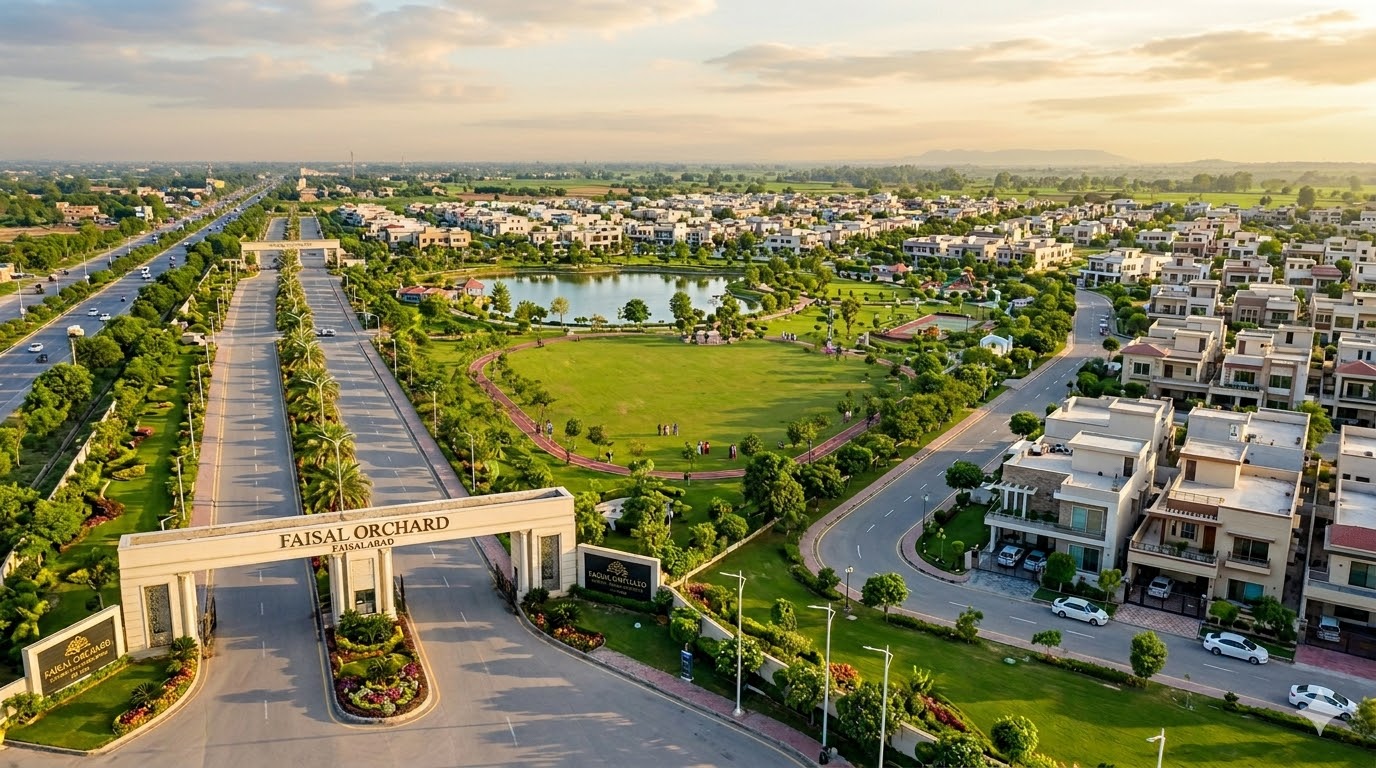 Aerial view of the Faisal Orchard community with lake, park and residential blocks