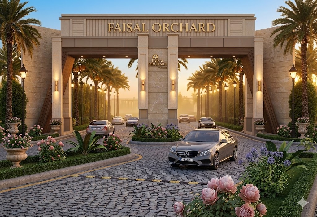 Arrival at the palm-lined grand gateway of Faisal Orchard